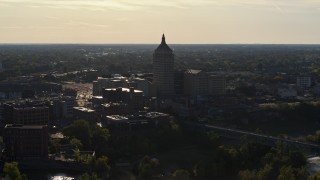 DX0002_209_015 - 5.7K aerial stock footage of ascending away from Kodak Tower in Rochester, New York