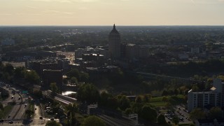 DX0002_209_016 - 5.7K aerial stock footage descend and orbit Kodak Tower in Rochester, New York