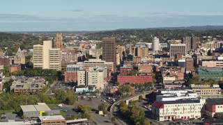 DX0002_213_013 - 5.7K aerial stock footage approach and flyby office buildings in Downtown Syracuse, New York