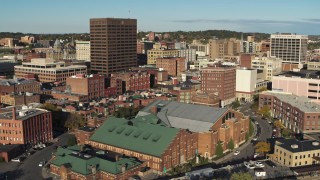 DX0002_213_029 - 5.7K aerial stock footage of an orbit of Chase Tower and science museum, Downtown Syracuse, New York
