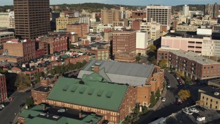 DX0002_213_031 - 5.7K aerial stock footage of circling the science museum, Downtown Syracuse, New York