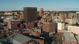 DX0002_213_043 - 5.7K aerial stock footage orbit Chase Tower and city buildings, Downtown Syracuse, New York