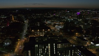 DX0002_215_015 - 5.7K aerial stock footage of Syracuse University campus buildings at twilight, Syracuse, New York