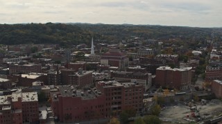 DX0002_216_005 - 5.7K aerial stock footage of a reverse view of the downtown area of Troy, New York