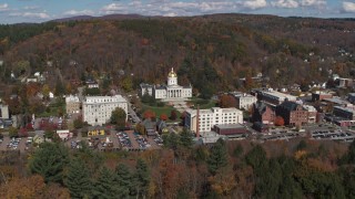 DX0002_218_005 - 5.7K aerial stock footage orbit and approach the state capitol building and downtown, Montpelier, Vermont