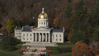 DX0002_218_043 - 5.7K aerial stock footage of the front of the Vermont State House in Montpelier