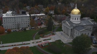 DX0002_219_025 - 5.7K aerial stock footage of approaching the front steps of the capitol building, Montpelier, Vermont