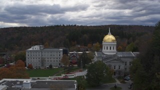 DX0002_219_029 - 5.7K aerial stock footage of following Court Street toward the capitol building, Montpelier, Vermont