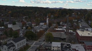 DX0002_219_036 - 5.7K aerial stock footage of a view of church steeples and downtown buildings, Montpelier, Vermont