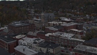 DX0002_219_042 - 5.7K aerial stock footage orbit and fly away from city hall in downtown, Montpelier, Vermont
