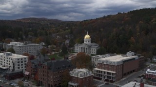 DX0002_219_050 - 5.7K aerial stock footage of a wide orbit of the capitol building and grounds, Montpelier, Vermont