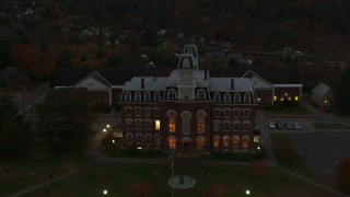 DX0002_220_047 - 5.7K aerial stock footage of the Vermont College of Fine Arts at twilight, Montpelier, Vermont