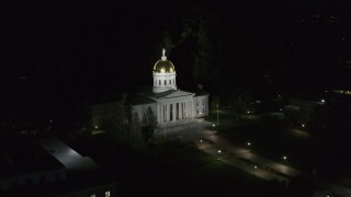 DX0002_221_003 - 5.7K aerial stock footage of an orbit of the Vermont State Capitol at night, Montpelier, Vermont