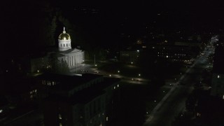 DX0002_221_016 - 5.7K aerial stock footage of the steps leading up to the Vermont State Capitol at night, Montpelier, Vermont