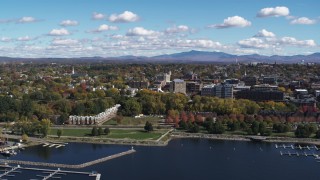 DX0002_222_003 - 5.7K aerial stock footage of orbiting Waterfront Park by the downtown area in Burlington, Vermont