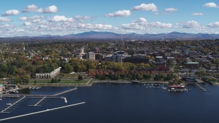 DX0002_222_008 - 5.7K stock footage aerial video of the downtown area seen from Lake Champlain breakwaters, Burlington, Vermont