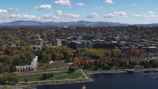 DX0002_222_009 - 5.7K aerial stock footage of orbiting downtown, seen from Lake Champlain, Burlington, Vermont