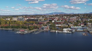 DX0002_224_006 - 5.7K aerial stock footage of downtown buildings and marinas, Burlington, Vermont
