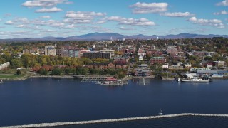 DX0002_224_013 - 5.7K aerial stock footage stationary view of downtown buildings from breakwaters, Burlington, Vermont