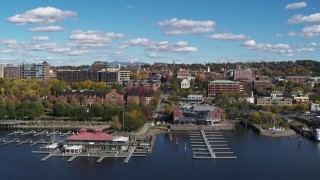 DX0002_224_016 - 5.7K aerial stock footage fly over marina toward downtown, Burlington, Vermont