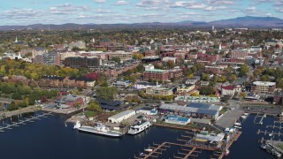 DX0002_224_020 - 5.7K stock footage aerial video of orbiting a marina and downtown, Burlington, Vermont