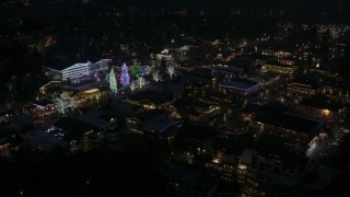 DX0002_228_025 - 5.7K aerial stock footage orbiting trees and buildings with Christmas lights at night, Leavenworth, Washington