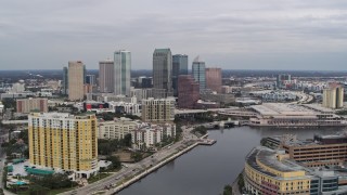 DX0003_229_033 - 5.7K stock footage aerial video fly over bridges toward skyline, Downtown Tampa, Florida