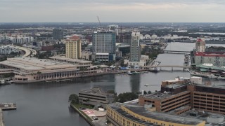 DX0003_230_013 - 5.7K aerial stock footage of a view of the waterfront convention center and hotels in Downtown Tampa, Florida