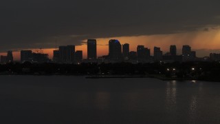 DX0003_232_022 - 5.7K stock footage aerial video stationary view of skyscrapers in the Downtown Tampa skyline at twilight, Florida