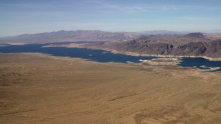 FG0001_000270 - 4K aerial stock footage pan and approach the Lower Narrows arm of Lake Mead in the Nevada Desert
