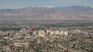 FG0001_000313 - 4K aerial stock footage of Downtown Las Vegas hotels and casinos, Nevada