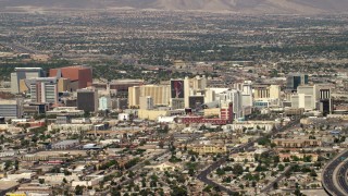 FG0001_000314 - 4K aerial stock footage of a view of Downtown Las Vegas hotels and casinos, Nevada