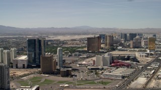 FG0001_000320 - 4K aerial stock footage flyby Fontainebleau, Circus Circus, and Encore casino hotels on the Las Vegas Strip in Nevada