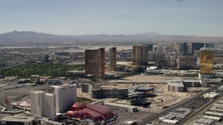 FG0001_000321 - 4K aerial stock footage of Encore, Wynn, Palazzo and Trump casino hotels on the Las Vegas Strip in Nevada