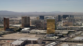 FG0001_000322 - 4K aerial stock footage of passing the famous casino hotels on the Las Vegas Strip in Nevada
