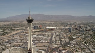 FG0001_000340 - 4K aerial stock footage approach the top of Stratosphere Las Vegas, Nevada
