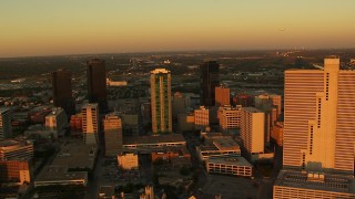 HDA12_001 - HD stock footage aerial video of skyscrapers at sunset in Downtown Fort Worth, Texas