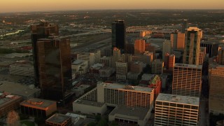 HDA12_003 - HD stock footage aerial video of skyscrapers at sunset in Downtown Fort Worth, Texas