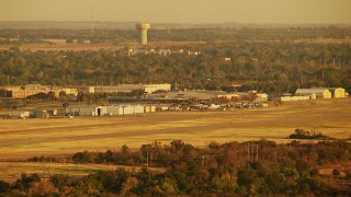 HDA12_070 - HD stock footage aerial video of Halliburton Field at sunrise in Oklahoma