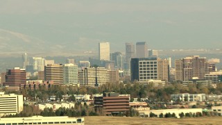 HDA13_272 - HD stock footage aerial video of the Denver skyline and office buildings seen from Centennial, Colorado