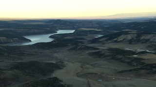 HDA13_399 - HD stock footage aerial video of the Ridgway Reservoir at sunrise, Colorado