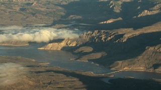 HDA13_416_01 - HD stock footage aerial video of the Middle Bridge and the Blue Mesa Reservoir at sunrise, Colorado