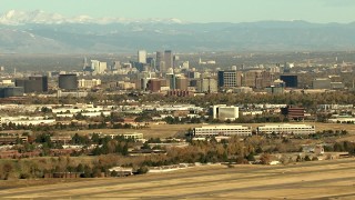 HDA13_488_01 - HD stock footage aerial video of Downtown Denver skyscrapers and Centennial office buildings in Colorado