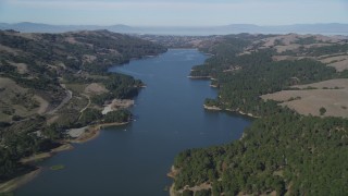 JDC01_015 - 5K aerial stock footage pan across San Pablo Reservoir, hills near shoreline, Orinda, California