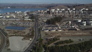 JDC01_019 - 5K aerial stock footage flying by ConocoPhillips Oil Refinery, near San Pablo Bay, Rodeo, California