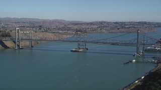 JDC01_028 - 5K stock footage aerial video of approaching Carquinez Bridge, spanning Carquinez Strait, Vallejo, California