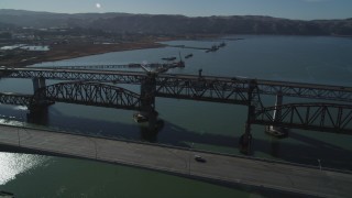 JDC01_048 - 5K stock footage aerial video flyby and pan across the Benicia-Martinez Bridge, Carquinez Strait, California