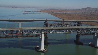 JDC01_050 - 5K aerial stock footage of light traffic crossing both spans Benicia-Martinez Bridge, California