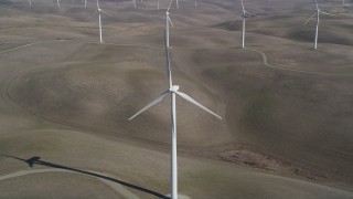 JDC01_064 - 5K stock footage aerial video approach and track a Shiloh Wind Power Plant windmill, Montezuma Hills, California