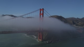 JDC02_014 - 5K stock footage aerial video of orbiting the iconic Golden Gate Bridge, shrouded in fog, San Francisco, California